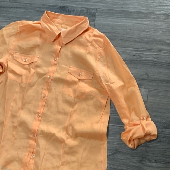 Chicos Ramie/cotton orange/peach boho coastal Lagen look button down shirt Large - Picture 4 of 14